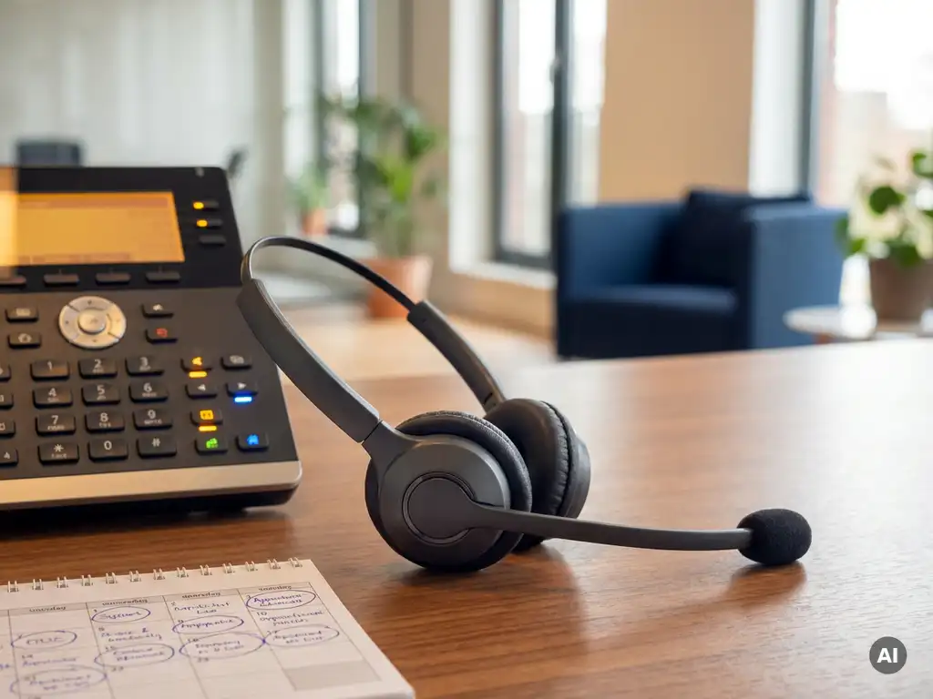 Professionele receptie-headset op kantoorbureau naast verlichte telefooncentrale met meerdere lijnen en weekkalender.