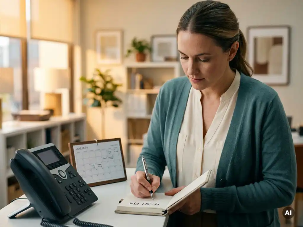 Vrouwelijke telefoniste noteert terugbeltijd op notitieblok naast modern bureautelefoon in warm kantoor.