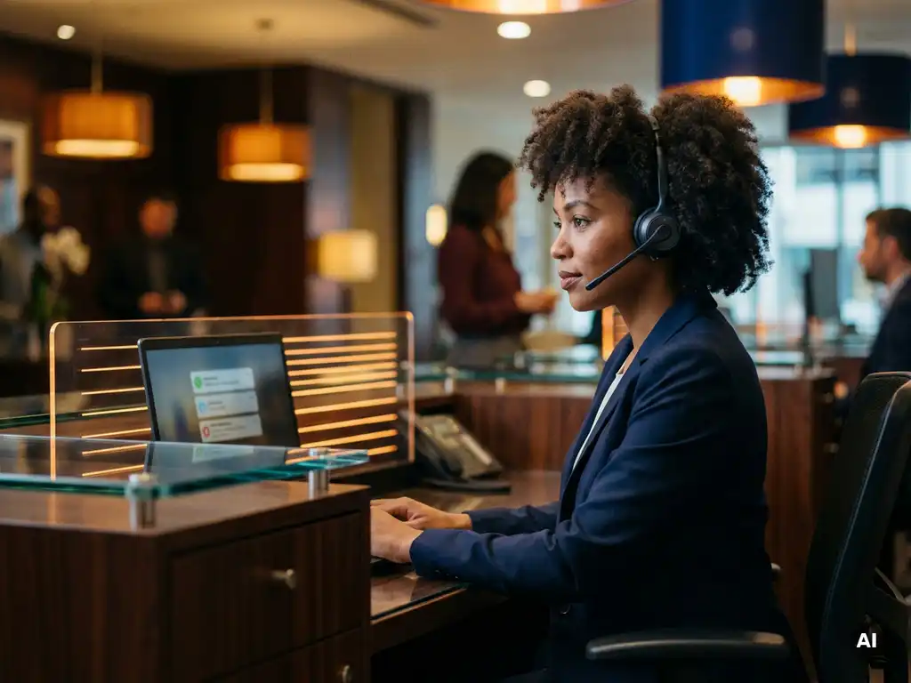 Professionele vrouw met headset aan receptiebalie met laptop vol meldingen, warm kantoorlicht in marineblauw en amber tinten.