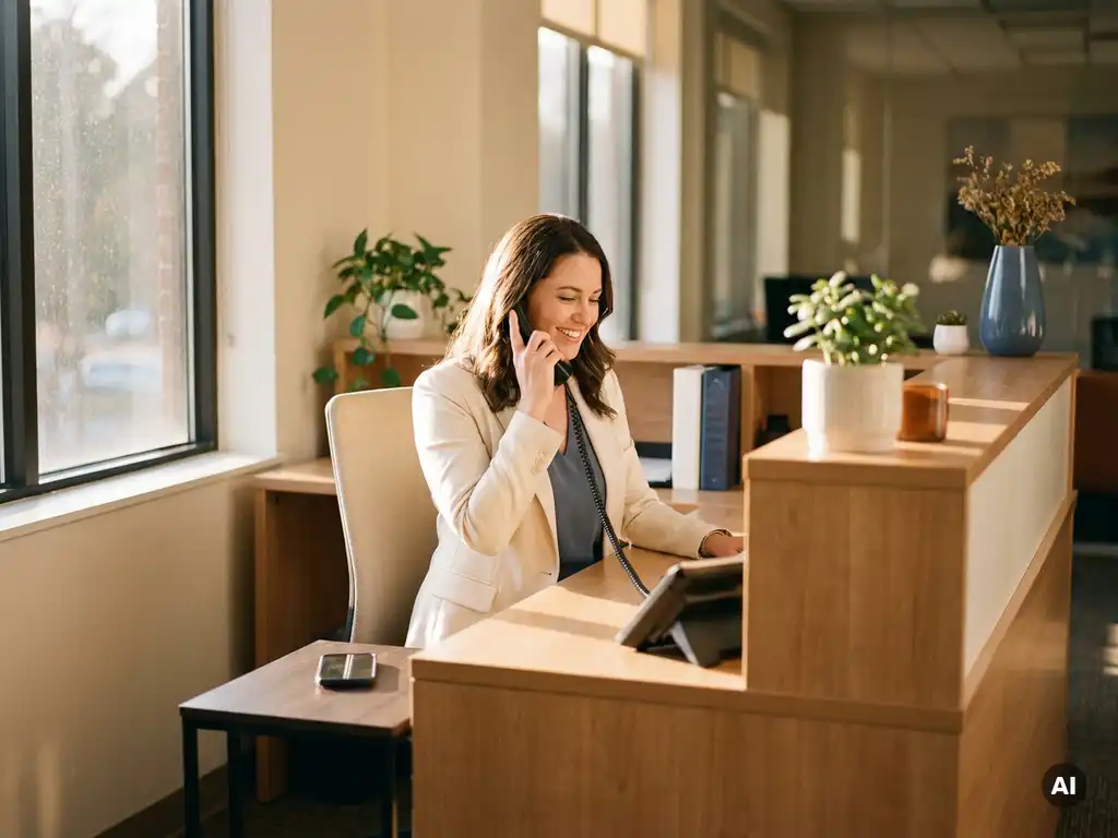 Professionele vrouw met headset aan receptiebalie, doorgestuurd smartphone onbeheerd op tafel, warm kantoorlicht op de achtergrond.