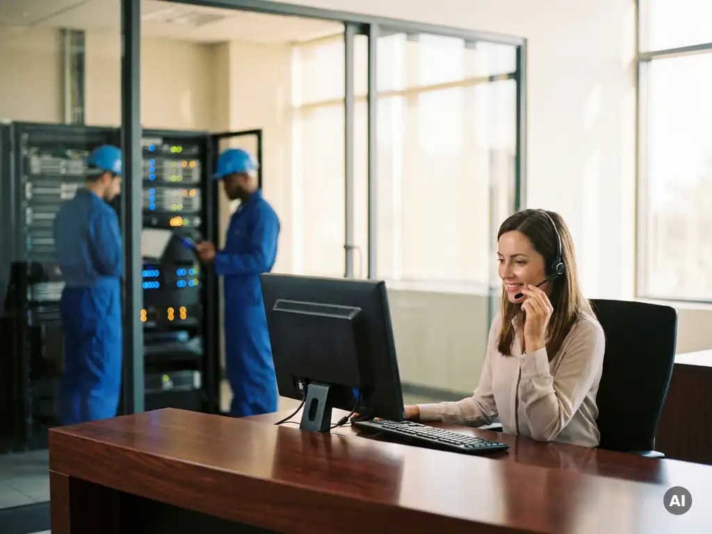 Vrouwelijke telefoniste met headset aan moderne receptiebalie, monteurs onderhouden serverapparatuur op achtergrond.