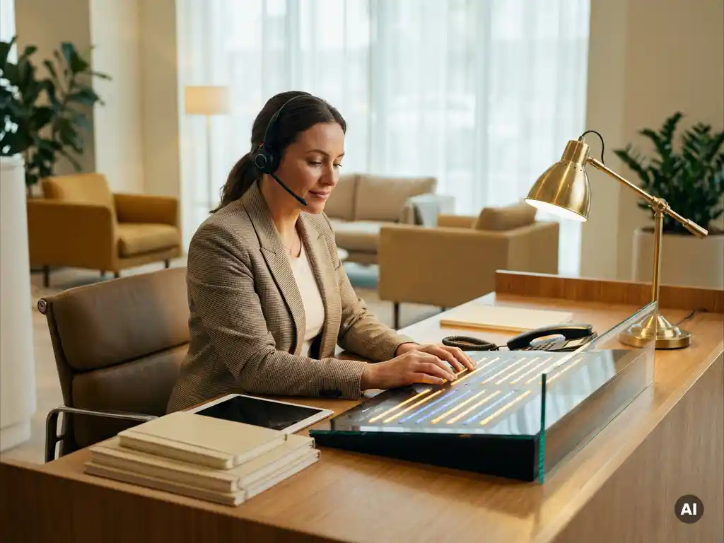 Vrouwelijke receptioniste met headset beheert meerdere telefoonlijnen op een modern switchboard in een Nederlands kantoor.
