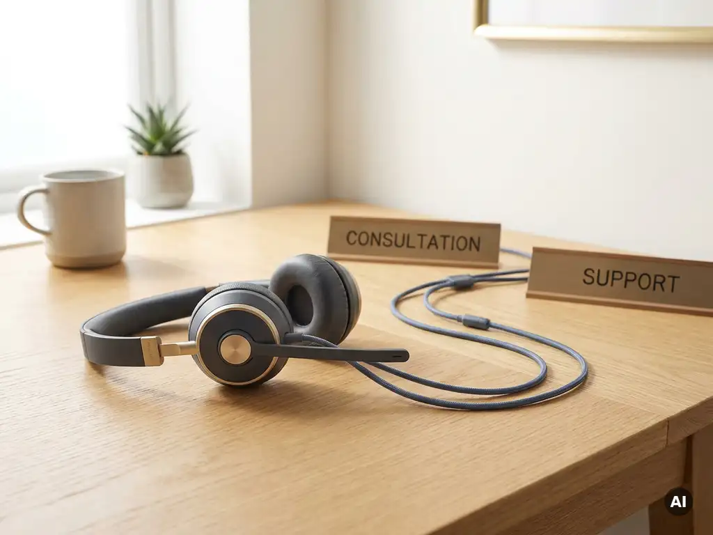 Receptionist headset op bureau naast telefoonkabel die splitst naar twee aparte kantoornaambordjes, warm neutraal kantoor met zijdelings daglicht.