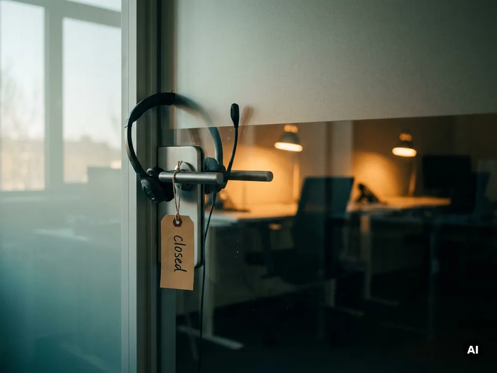 Professionele telefoonheadset op een gesloten glazen kantoordeuren met "gesloten" bordje, warm amber licht door matglas.