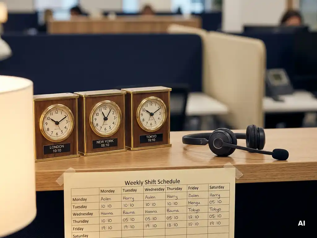 Telefoniste-bureau met drie analoge klokken die verschillende tijdzones tonen, een headset en een wekelijks dienstrooster.