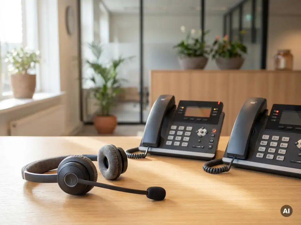 Professionele receptieheadset op een bureau naast drie zakelijke telefoons met actieve belindicators in een modern Nederlands kantoor.