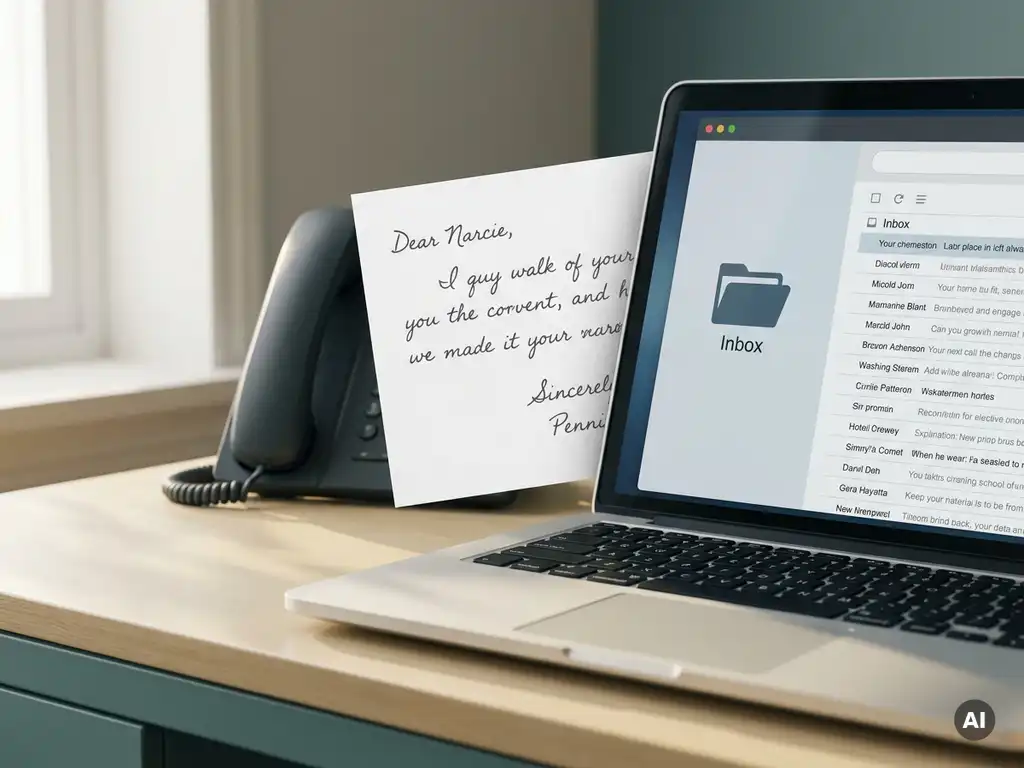 Handgeschreven telefoonnotitie op wit papier naast een laptop en telefoonhoorn op modern bureau, zacht natuurlijk licht.