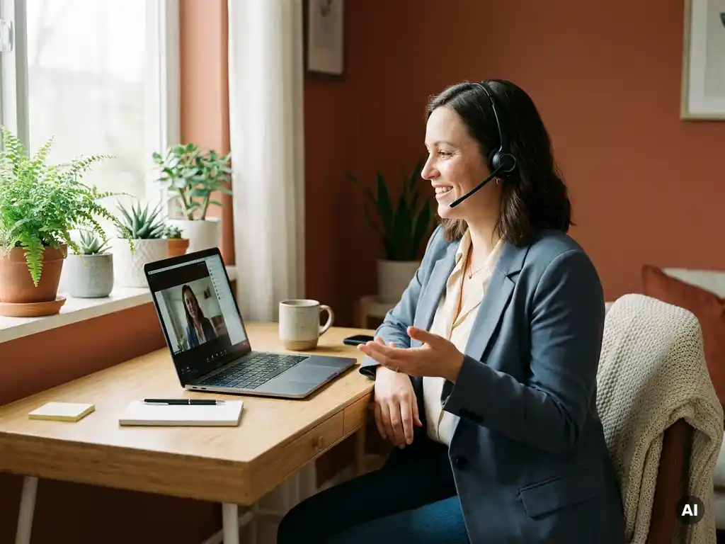 Vrouw met headset voert professioneel gesprek aan thuiswerkplek met laptop, kamerplanten en warm natuurlijk licht.