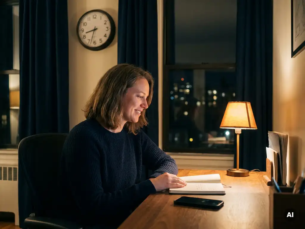 Vrouw aan thuiswerkbureau kijkt naar gloeiende bureaulamp naast een gedempt smartphone, wandklok toont avonduren op de achtergrond.