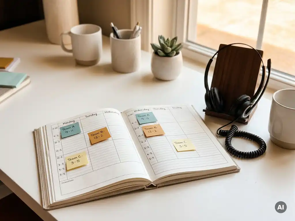 Receptiebalie met openstaande weekplanner, telefoonheadset en gekleurde sticky notes per teamlid in warm kantoorlicht.